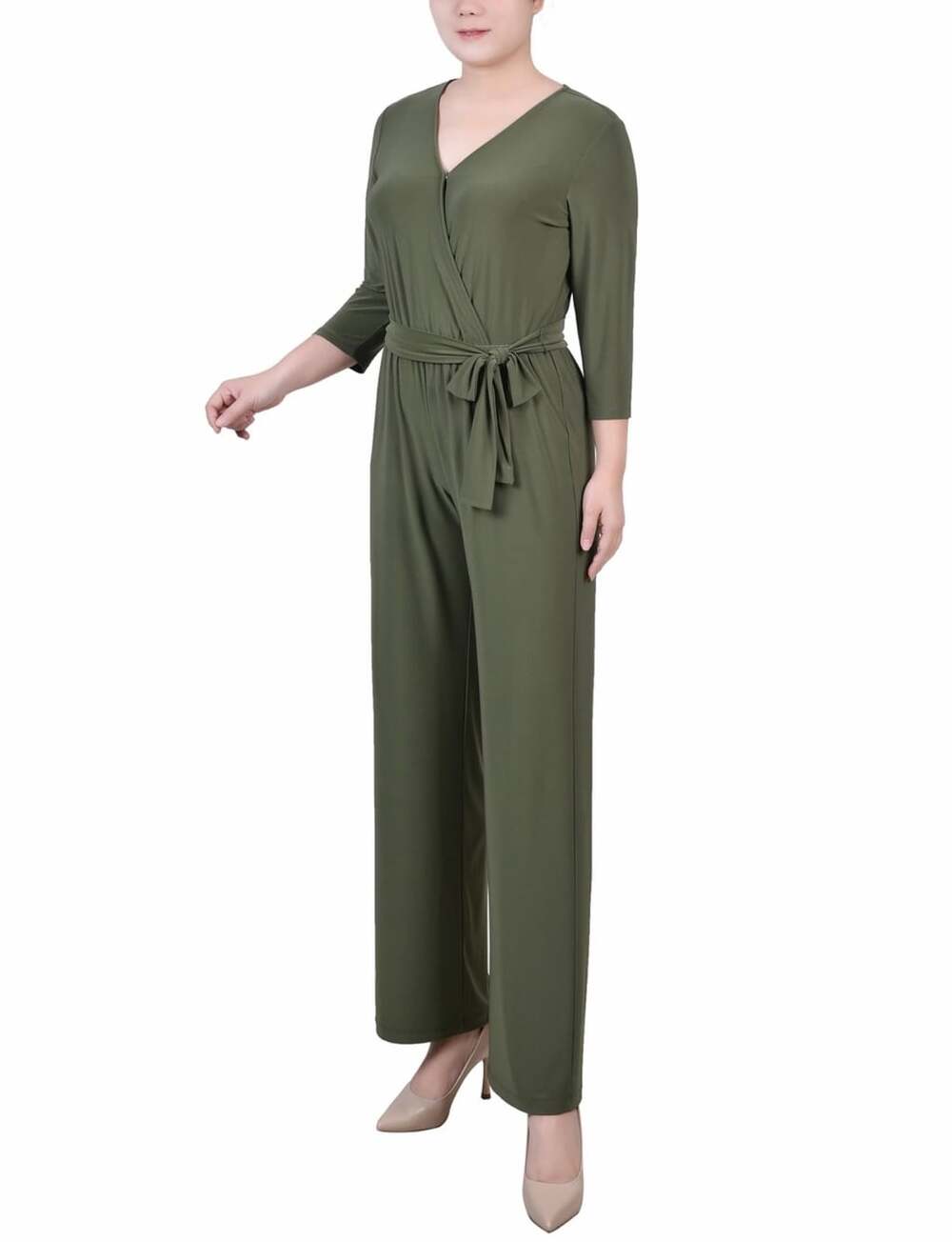 NY Collection Womens Green Short 3/4 Sleeve Belted Wide Leg Jumpsuit Size XL NWT